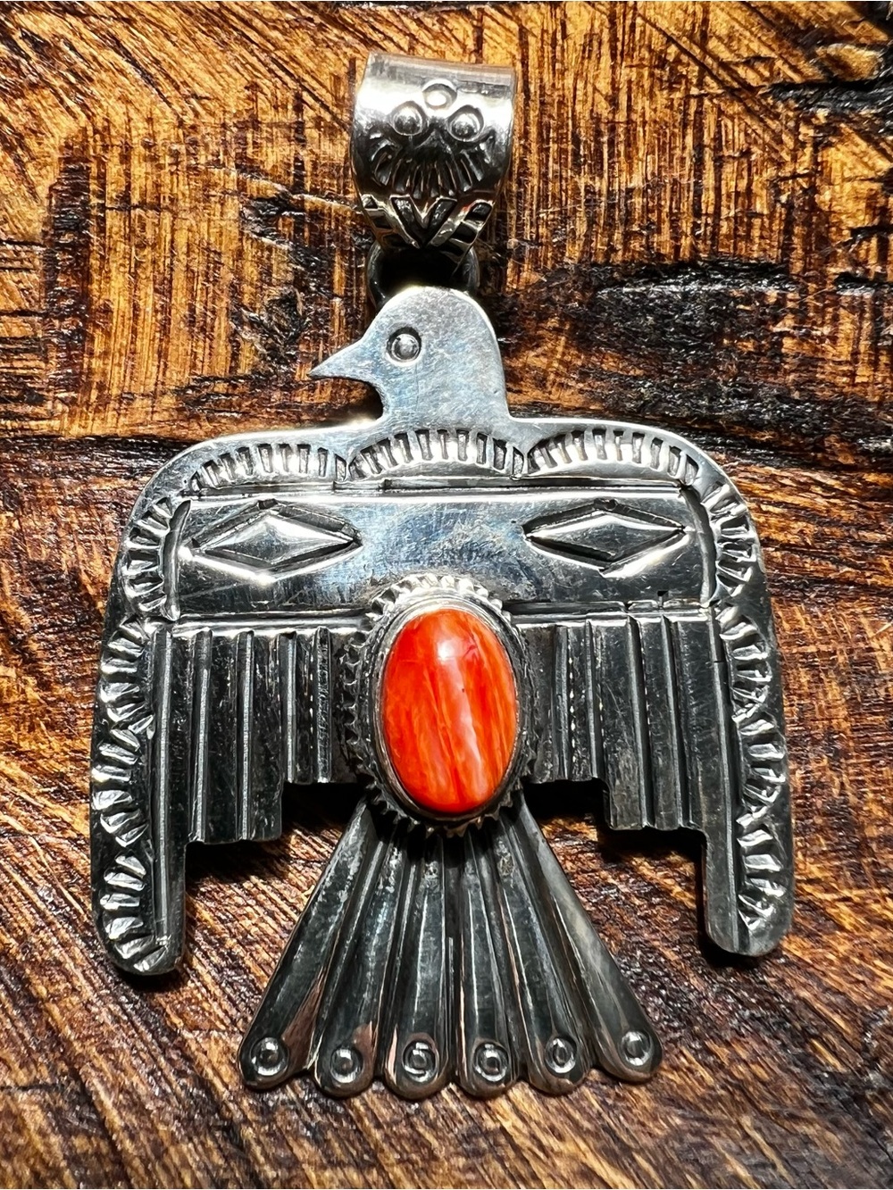 Sterling Silver Spiny Oyster Thunderbird Pendant  Southwestern Statement